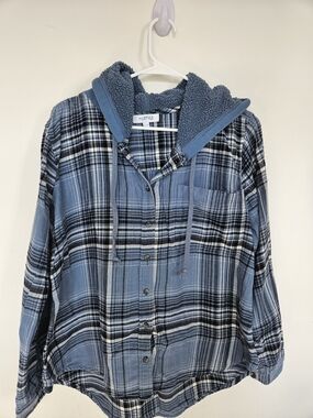 MyStyle Blue Plaid Hooded Flannel Shirt Sherpa Lined Hood Size XL🔥